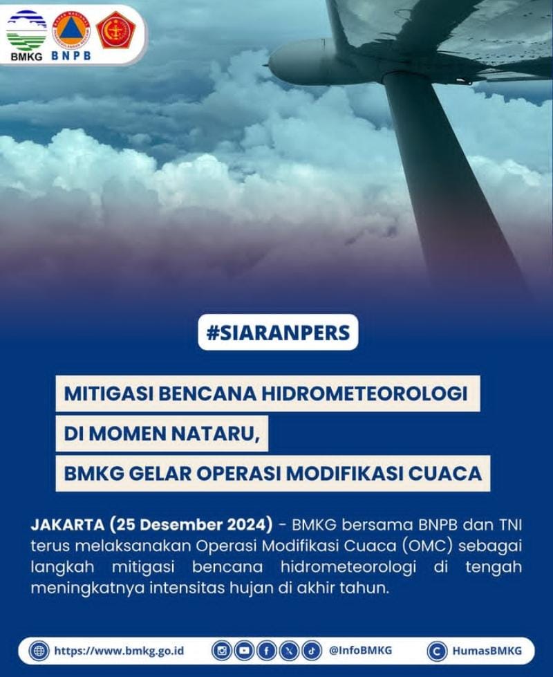 BMKG Gencarkan Operasi Modifikasi Cuaca (OMC) Untuk Mendukung Kelancaran Perayaan Natal dan Tahun Baru (Nataru) 2024