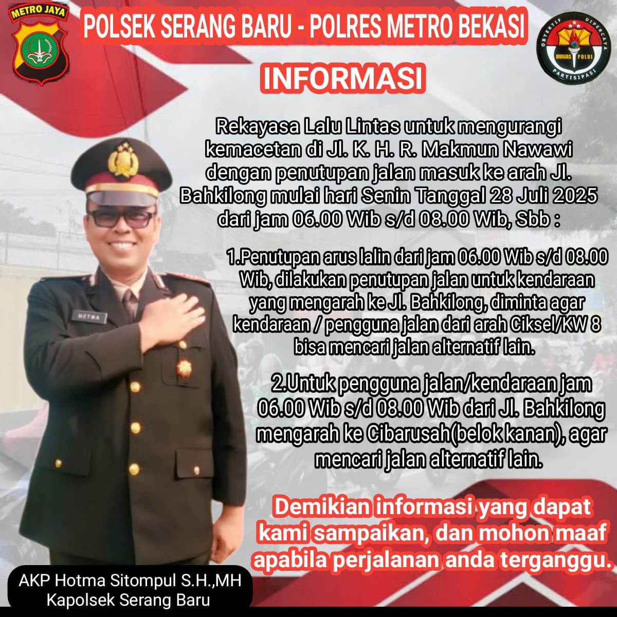 Polsek Serang Baru Berlakukan Rekayasa Lalu Lintas di Jl. K.H.R. Mak’mun Nawawi Mulai 28 Juli 2025
